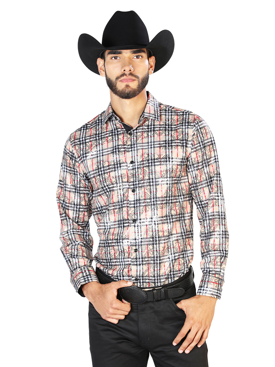 Camisa casual de manga larga beige y negra 43852