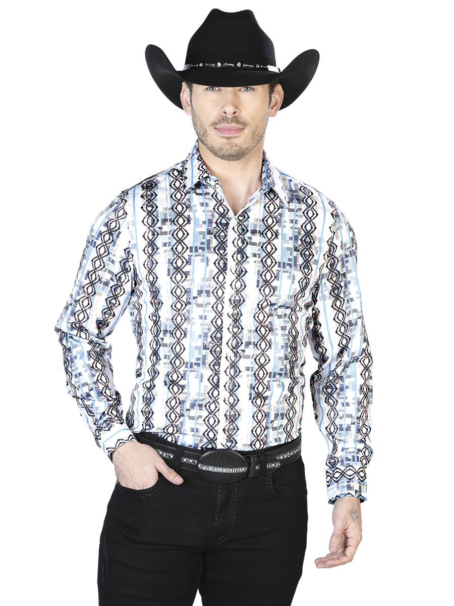 Camisa informal de manga larga blanca y azul 43940