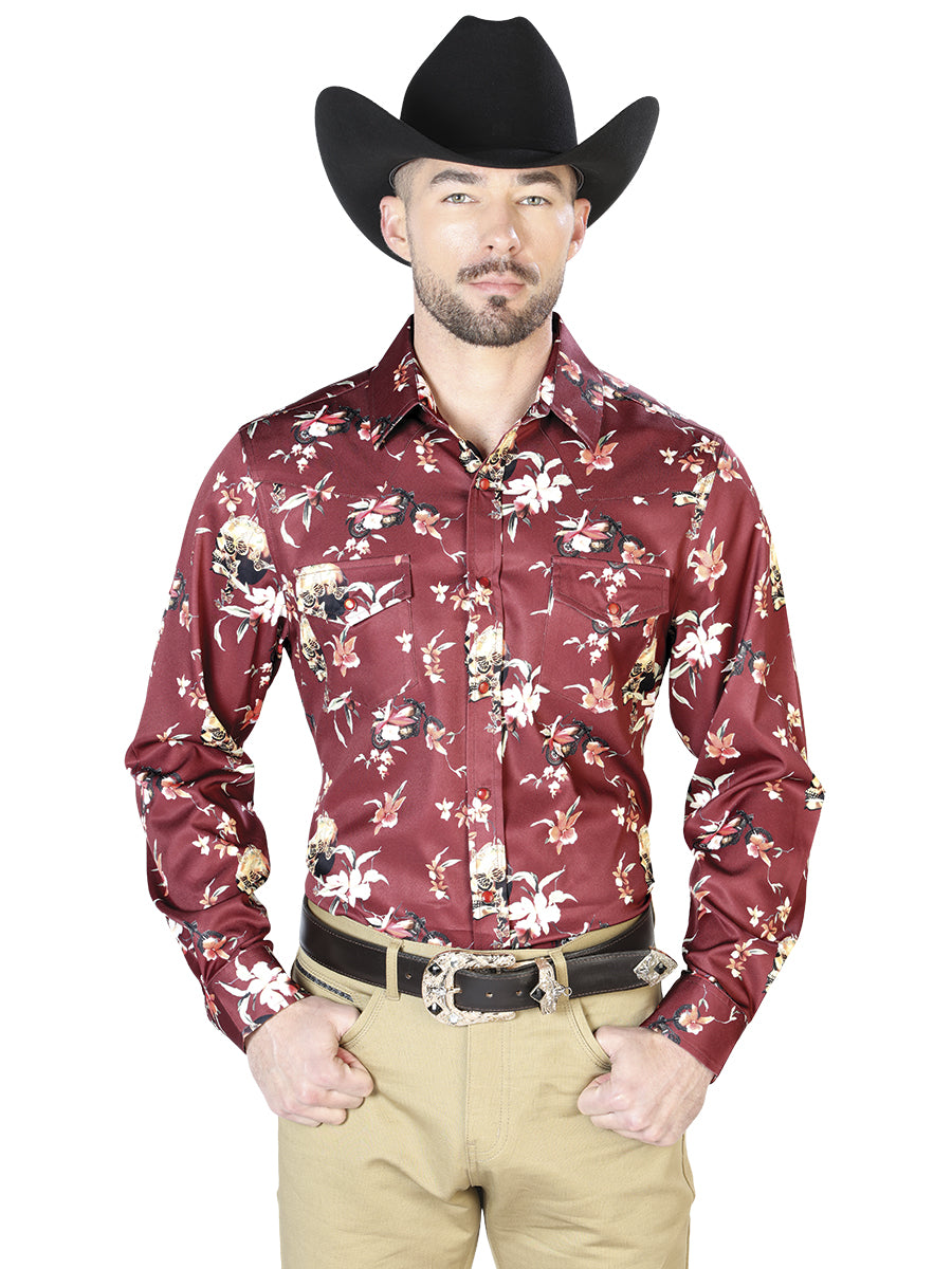 Camisas casuales de manga larga con flores color burdeos 43951