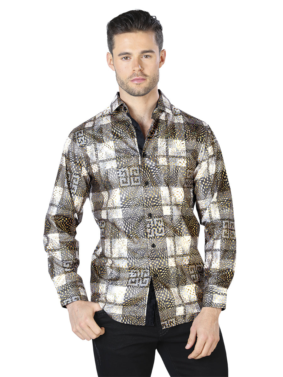 Camisa informal de manga larga negra y dorada 44008