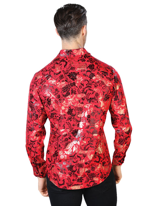 Camisa informal de manga larga roja y dorada 44031