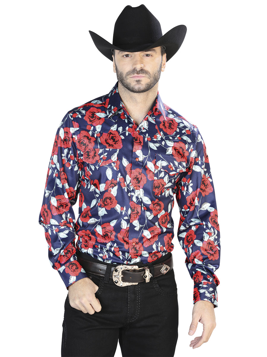 Camisa informal de manga larga azul con estampado de rosas 44098