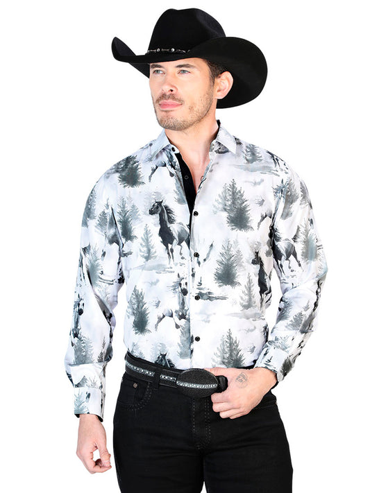 Camisa informal de manga larga gris y negra 43688