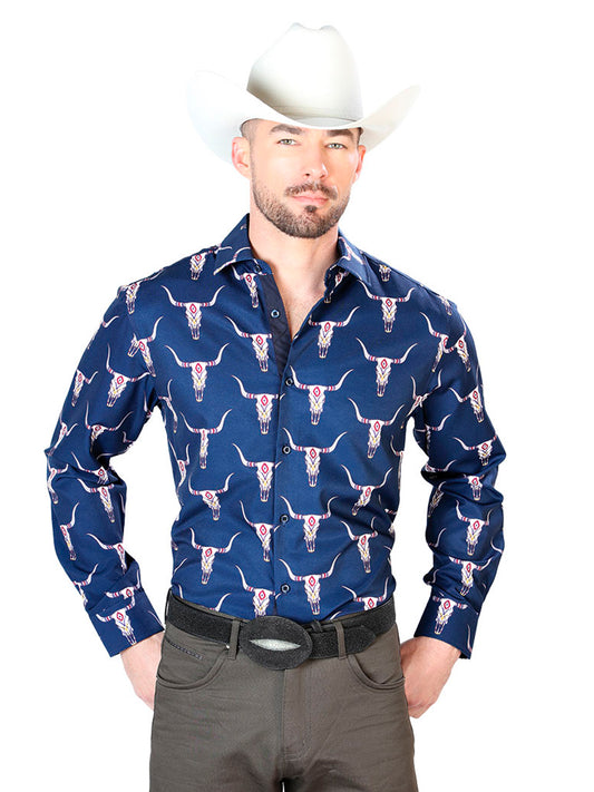 Blue Bull Print Casual Long Sleeve Shirt 43698