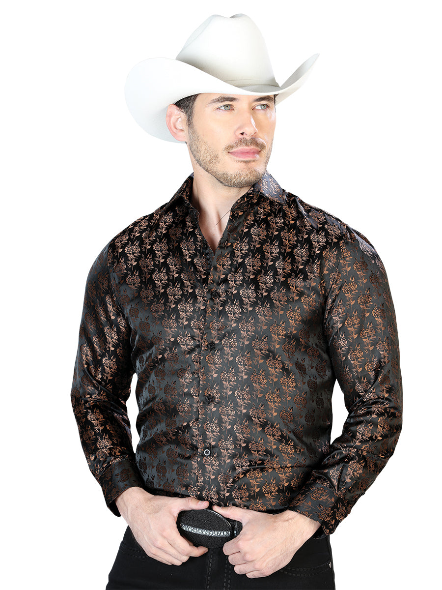 Camisa informal de manga larga negra y dorada 43759