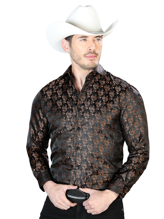 Camisa informal de manga larga negra y dorada 43759