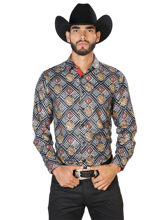 Camisa informal de manga larga negra y dorada 43798