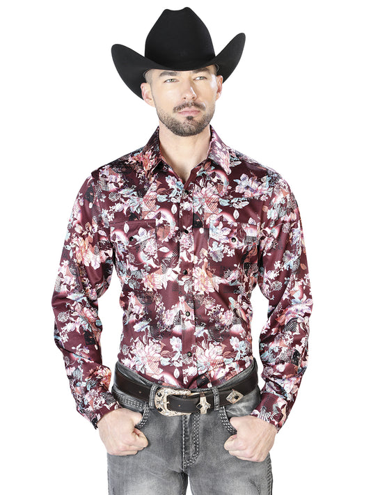 Camisa informal de manga larga con estampado floral en color vino y beige 43936
