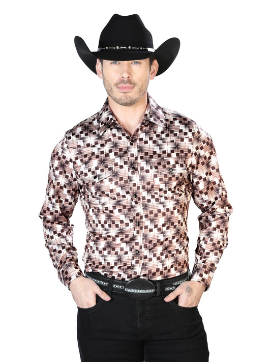 Camisa casual de manga larga beige y marrón 43941