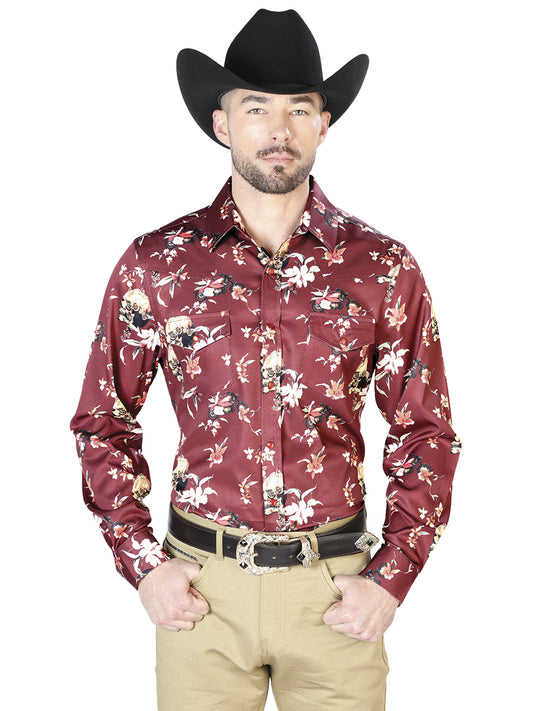 Camisas casuales de manga larga con flores color burdeos 43951