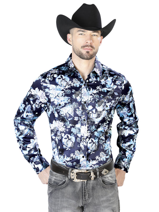 Camisa informal de manga larga con estampado de flores azules 43958