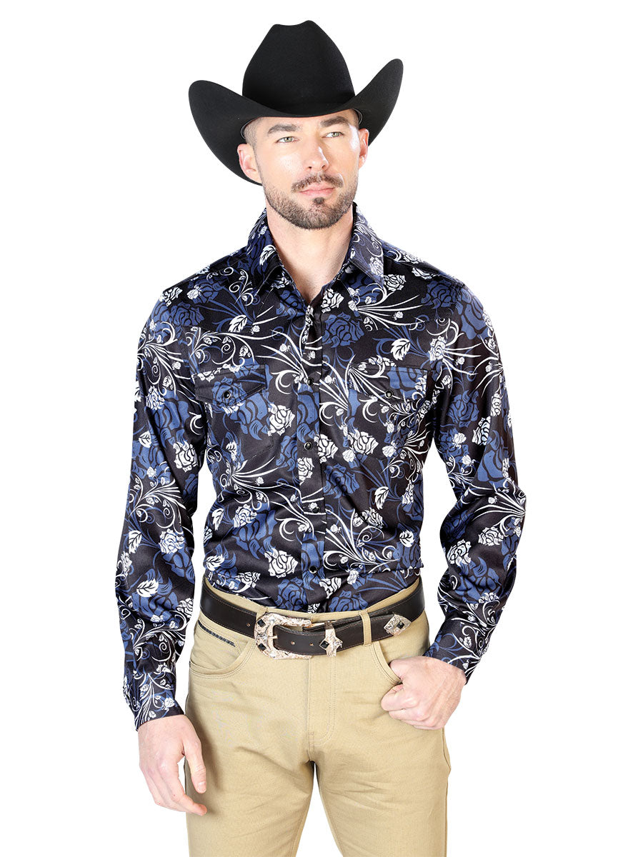 Camisa informal de manga larga con estampado floral azul marino 43959