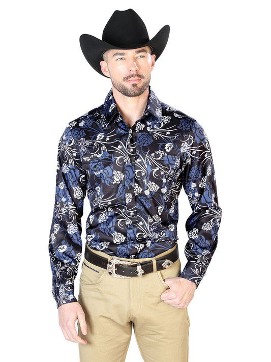 Camisa informal de manga larga con estampado floral azul marino 43959