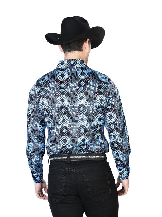 Camisa informal de manga larga con estampado azul 43963