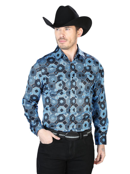 Camisa informal de manga larga con estampado azul 43963