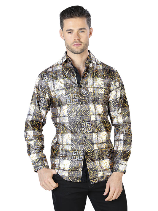 Camisa informal de manga larga negra y dorada 44008