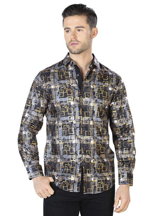 Camisa informal de manga larga negra y dorada 44013