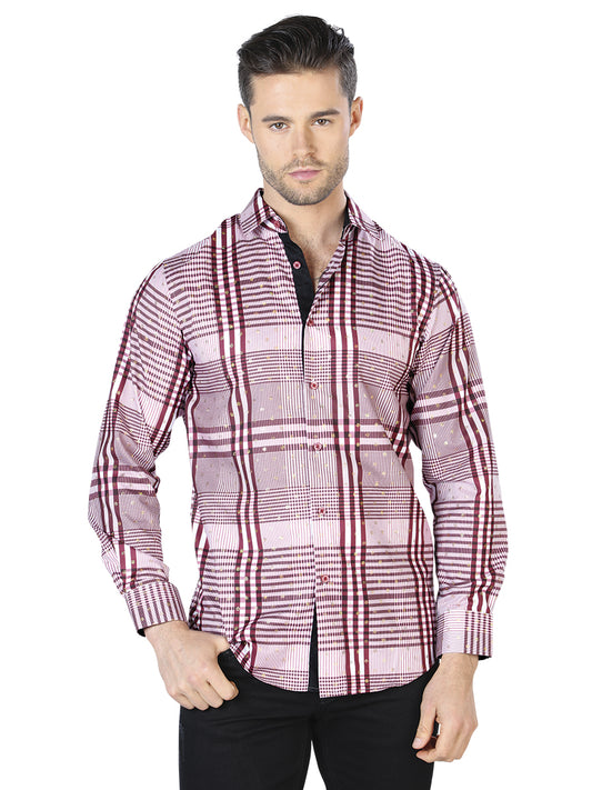 Wine And  White Casual Long Sleeve Shirt 44017