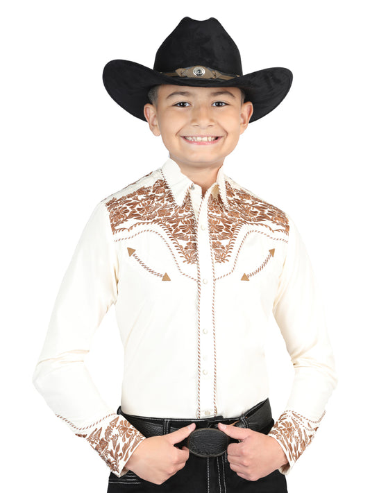 Camisa Señor De Los Cielos Bordada Beige/Camel Oscuro 44349