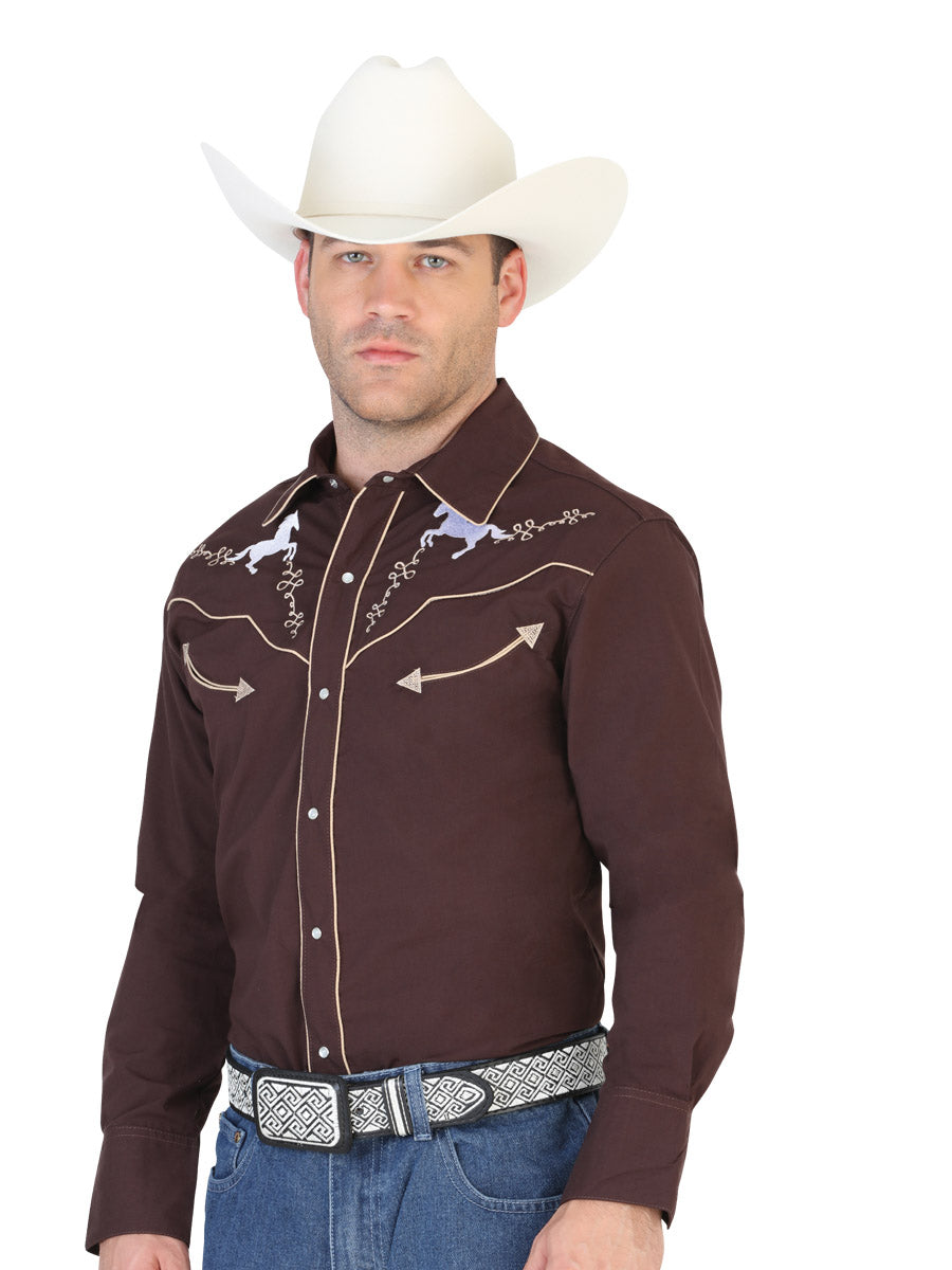 Camisa marrón estilo western de manga larga 123879